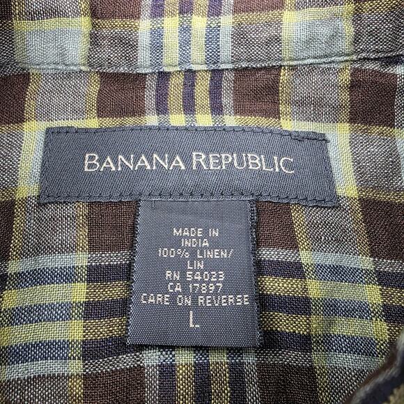 Banana Republic Shirt Mens Large Brown Yellow Plaid Linen Short Sleeve Button Up - Picture 2 of 14